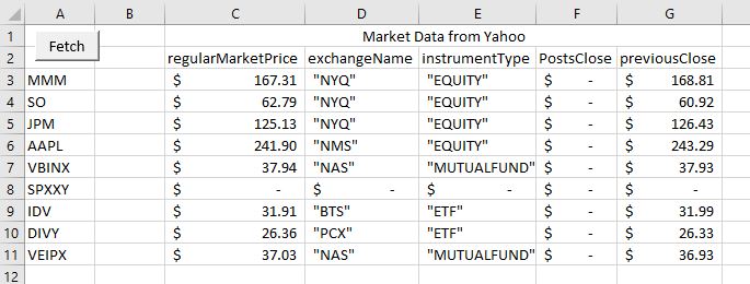 Excel Stock Prices from Yahoo Finance Custom Function