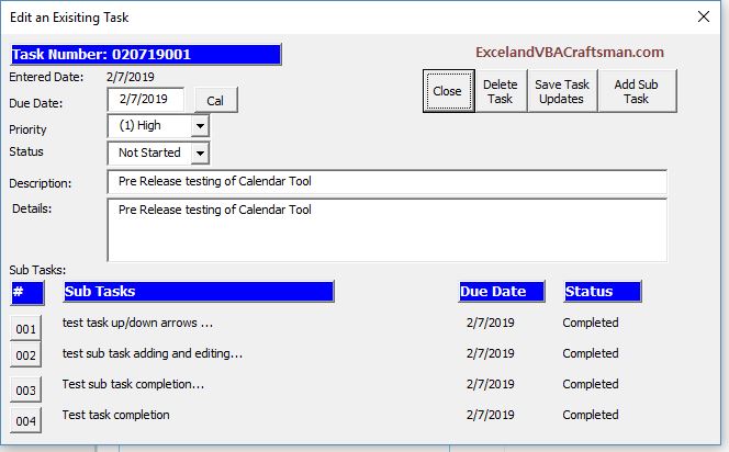 Excel VBA To Do Tool allows you to edit a task or a sub task