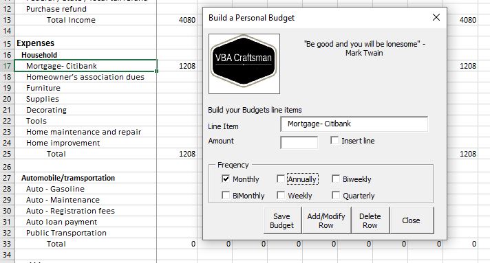 Excel VBA Budget Tool