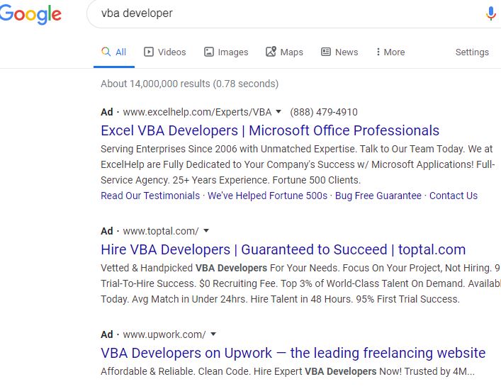 Google Search Results VBA Developers page 1